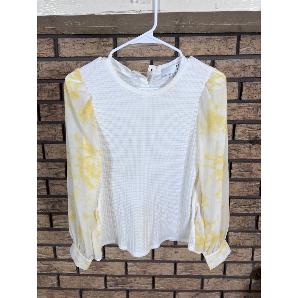 🌼‎ Ro & De XS Yellow White Peplum Blouse Long Sleeve Waffle Knit Cottagecore